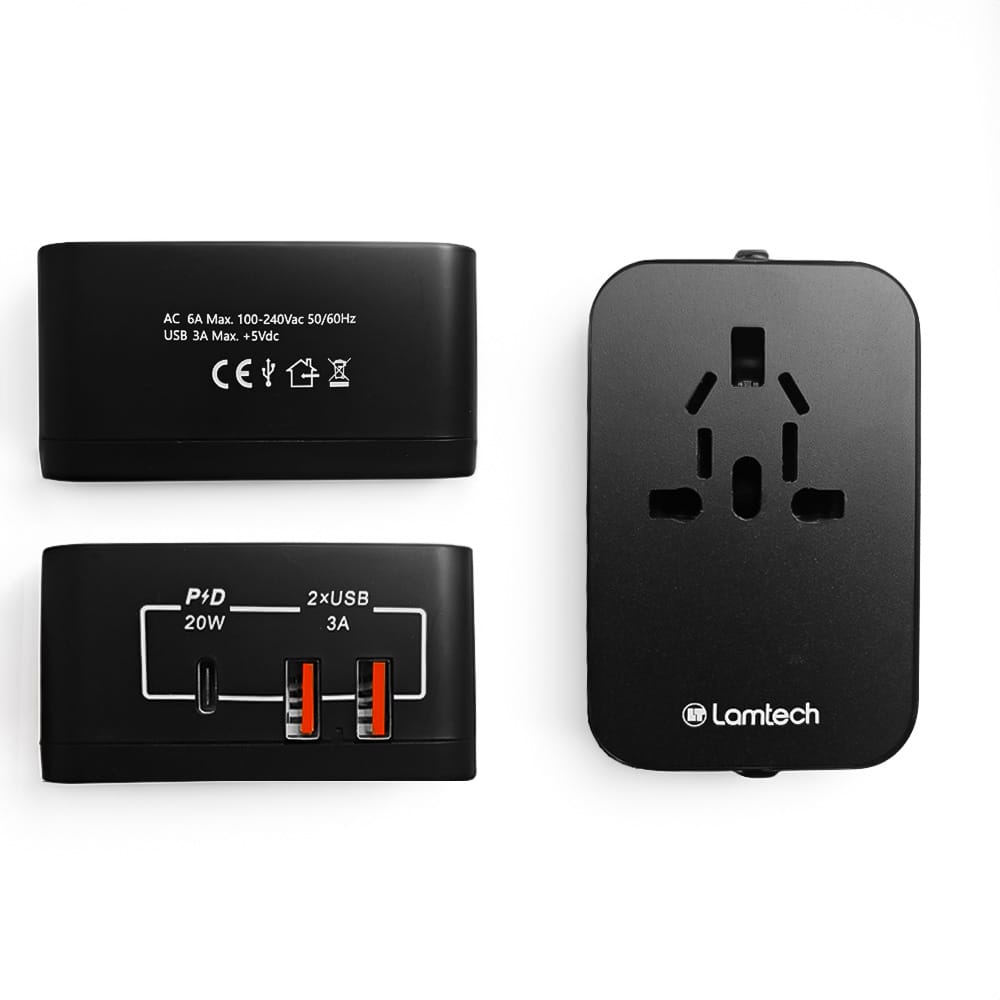 LAMTECH UNIVERSAL POWER TRAVEL ADAPTER 2XUSB 1XTYPE-C 20W BLACK - Image 4