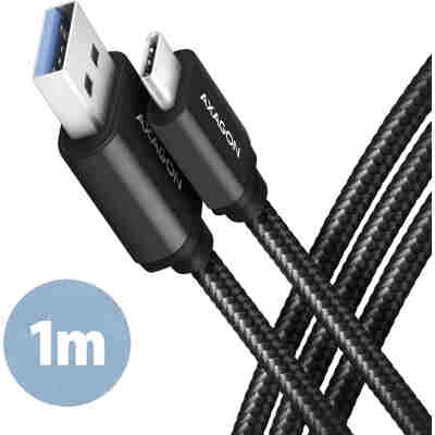AXAGON BUCM3-AM10AB CABLE USB-C   USB-A, 1M, USB 3.2 GEN 1, 3A, ALU, BRAID, BLACK