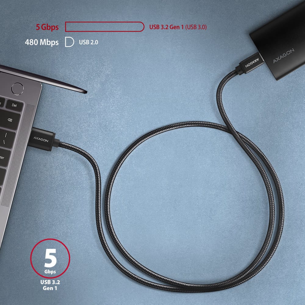 AXAGON BUCM3-AM10AB CABLE USB-C USB-A, 1M, USB 3.2 GEN 1, 3A, ALU, BRAID, BLACK - Image 3