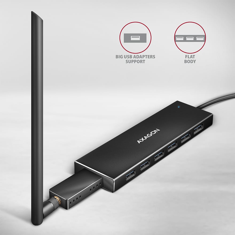 AXAGON HUE-F7C 7X USB 3.2 GEN 1 ALU FLAT HUB, MICRO USB POWER IN, 30CM USB-C CABLE - Image 3
