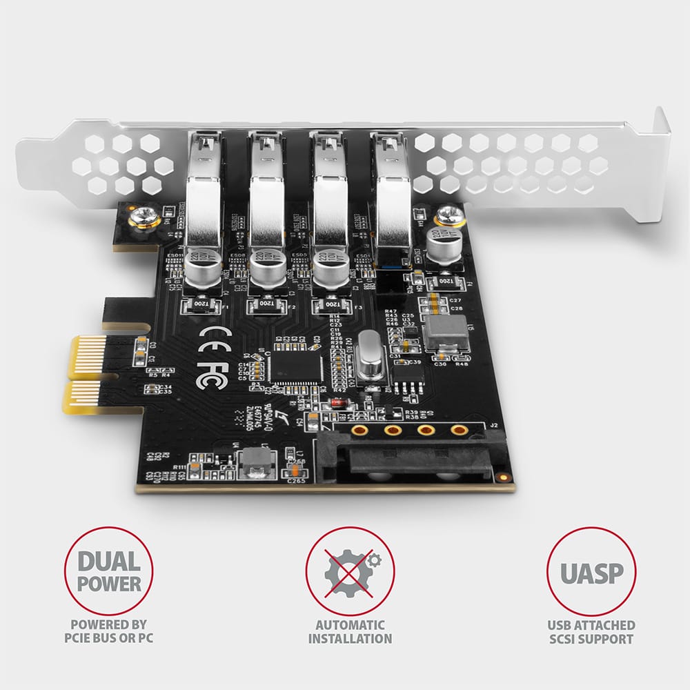 AXAGON PCEU-43RS PCIE ADAPTER 4X USB3.0 UASP, RENESAS, 15-PIN SATA POWER SUPPLY, DUAL POWER - Image 3