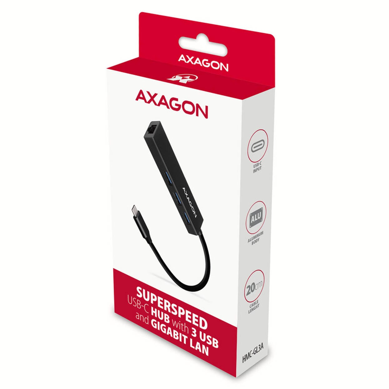 AXAGON HMC-GL3A 3X USB-A + GLAN, USB 3.2 GEN 1 HUB, METAL, 20CM USB-C CABLE - Image 4