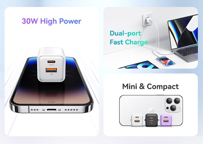 USAMS φορτιστής τοίχου US-CC189, USB & USB-C, 30W PD, μωβ - Image 3