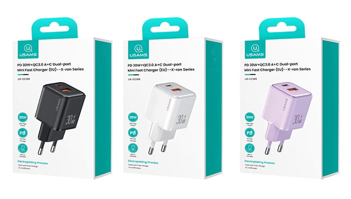 USAMS φορτιστής τοίχου US-CC189, USB & USB-C, 30W PD, μωβ - Image 4