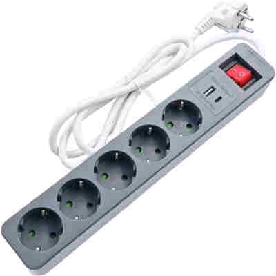 LAMTECH 5WAY SURGE PROTECTOR WITH 1xTYPE-C 1xUSB 5xSCHUKO BLACK/WHITE 1.5M
