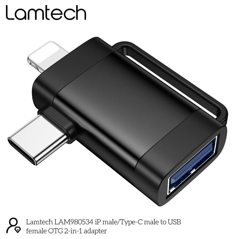 LAMTECH 2-IN-1 PORTABLE ADAPTER IP/USB-C MALE TO USB2.0 FEMALE BLACK - Image 3
