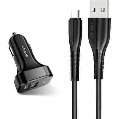 USAMS φορτιστής αυτοκινήτου C13 & καλώδιο Micro USB, 2x USB, 2.1A, μαύρο