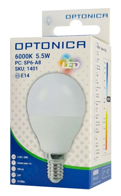 OPTONICA LED λάμπα G45 1401, 5.5W, 6000K, E14, 450lm - Image 3