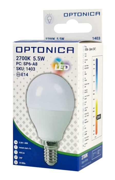 OPTONICA LED λάμπα G45 1403, 5.5W, 2700K, 450lm, E14 - Image 3
