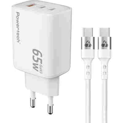 POWERTECH φορτιστής τοίχου PT-1415 με καλώδιο, USB/2x USB-C, 65W, GaN, λευκός