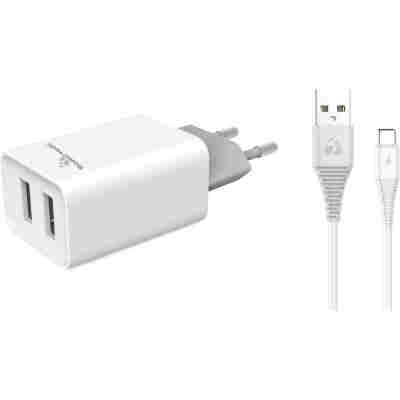 POWERTECH φορτιστής τοίχου PT-776 με καλώδιο USB-C, 2x USB, 2.1A, λευκό