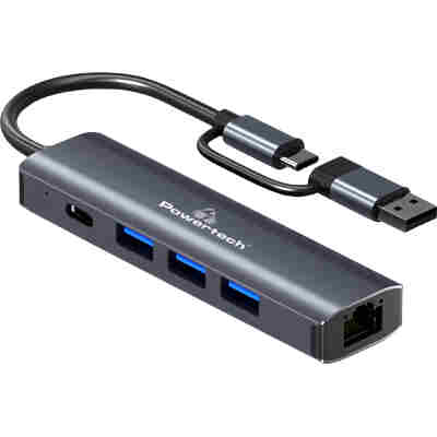 POWERTECH USB hub PTR-0150 με θύρα δικτύου, 4 θυρών, USB & USB-C, γκρι