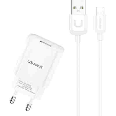 USAMS φορτιστής τοίχου T21OCLN01 με καλώδιο Lightning, USB 2.1A, λευκός
