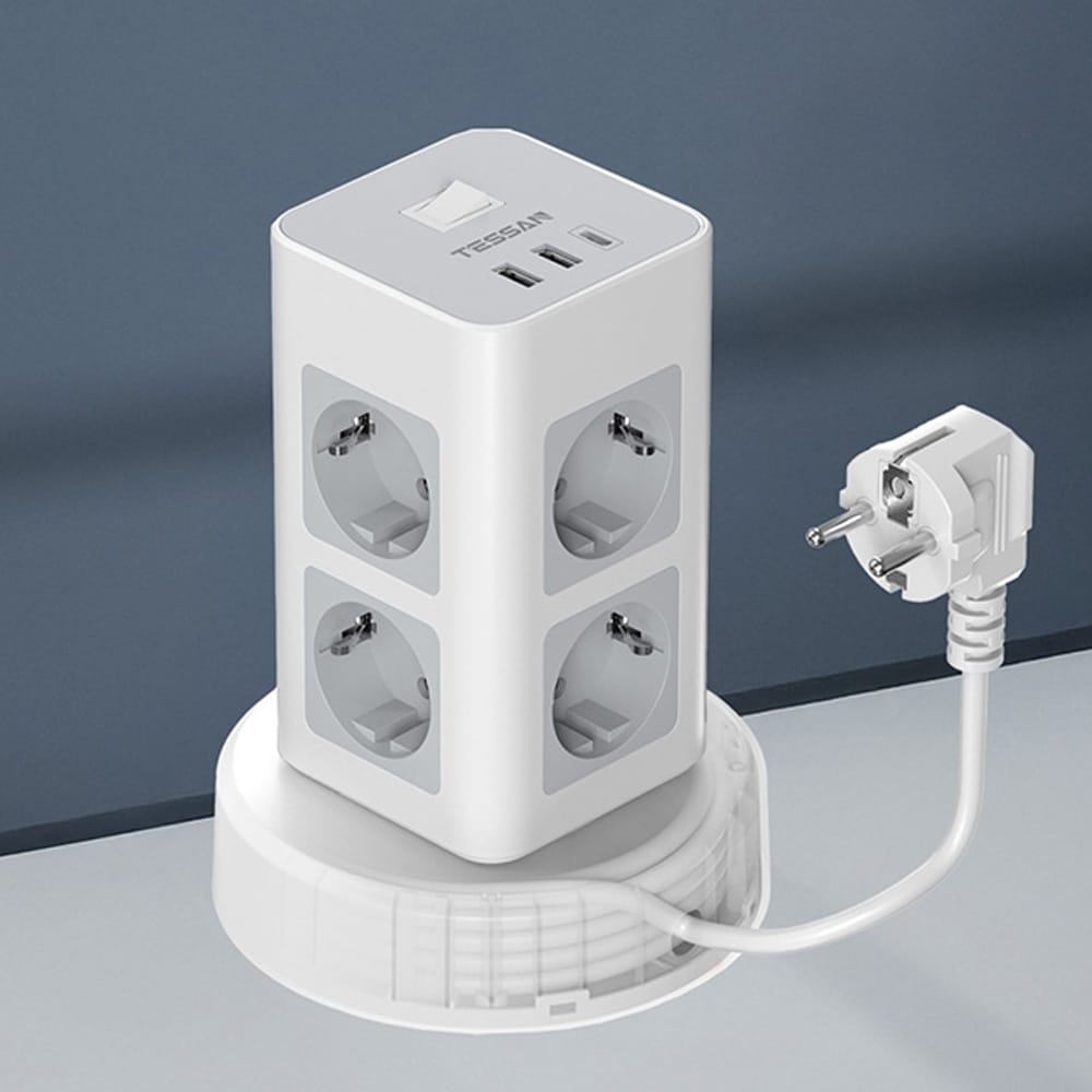 TESSAN 11 IN 1 TOWER SURGE PROTECTOR 8xSCHUKO, 2xUSB, 1xTYPE-C, 2M RETRACTABLE CABLE - Image 4