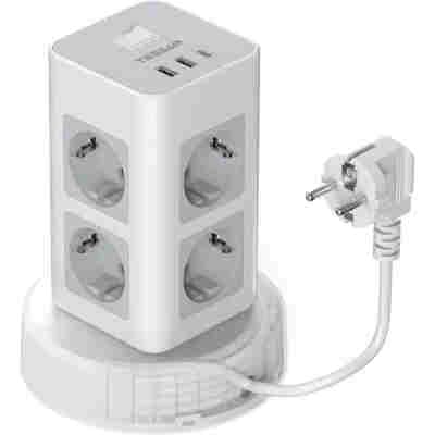 TESSAN 11 IN 1 TOWER SURGE PROTECTOR 8xSCHUKO, 2xUSB, 1xTYPE-C, 2M RETRACTABLE CABLE