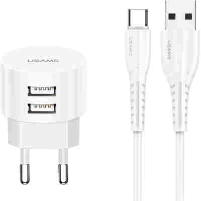 USAMS φορτιστής τοίχου T20 & καλώδιο type-C, 2x USB, 2.1A, λευκός